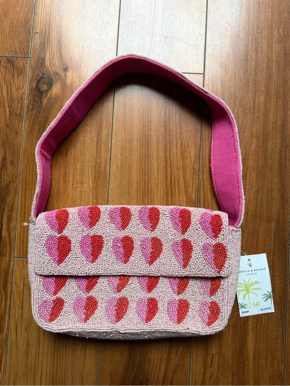 America & Beyond Pink Heart Pattern Beaded Shoulder Bag
